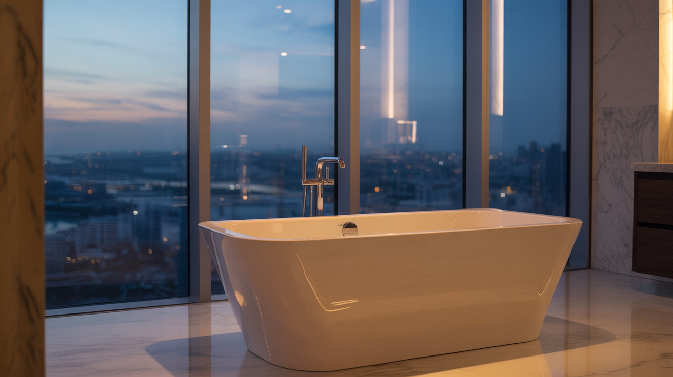 Luxury modern bathroom with freestanding tub and city views - London Luxury Bathrooms